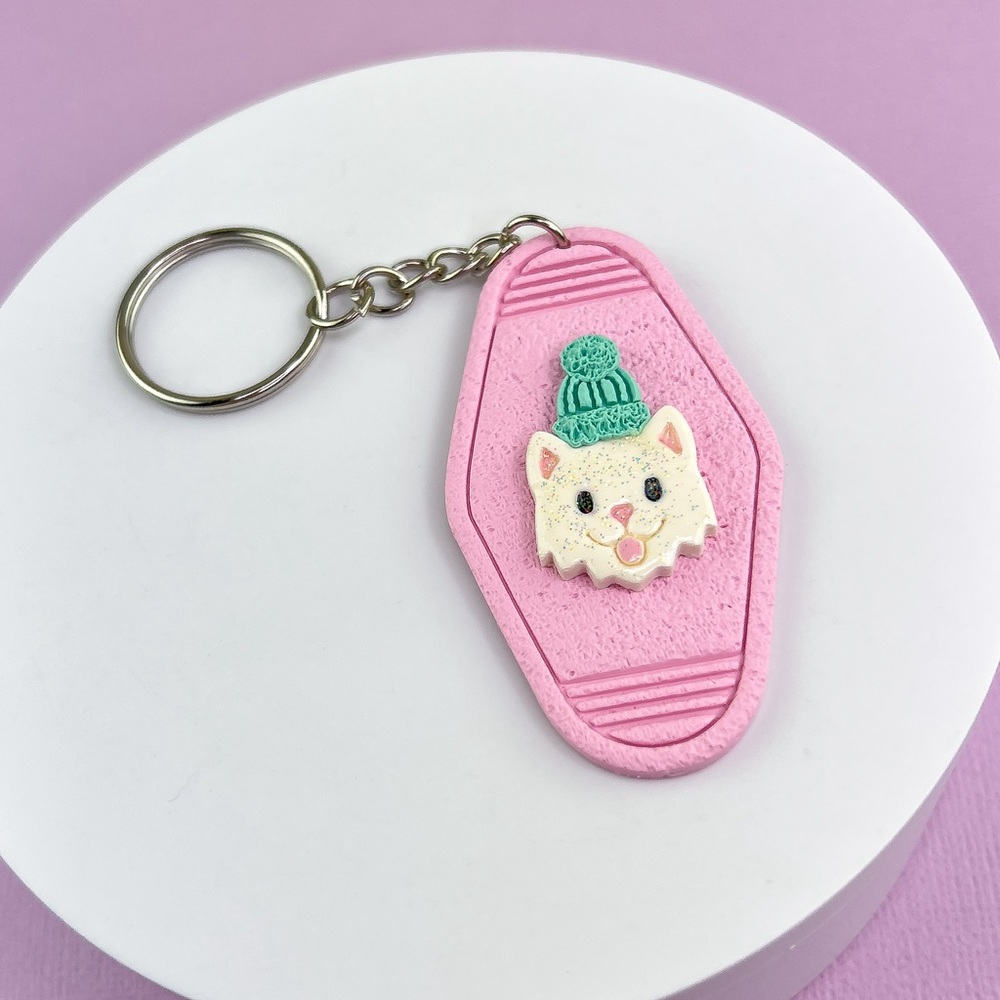 Festive Sparkly Kitty Cat Handmade Polymer Clay Hotel Style Key Chain